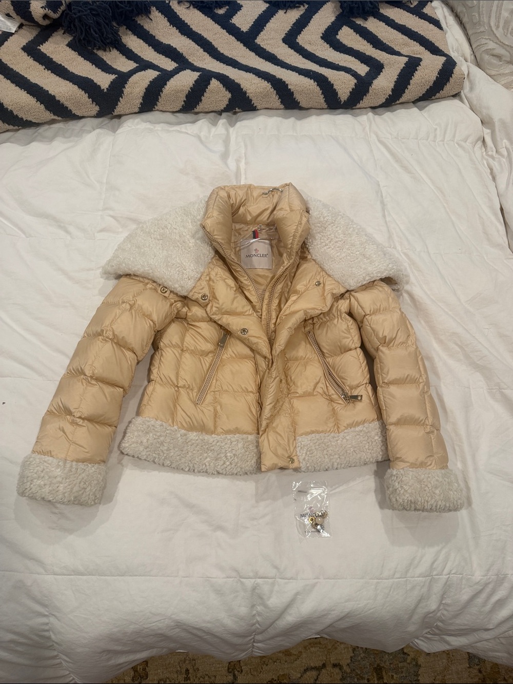 Moncler Beige Quilted Down Puffer Jacket with Cream Shearling Trim